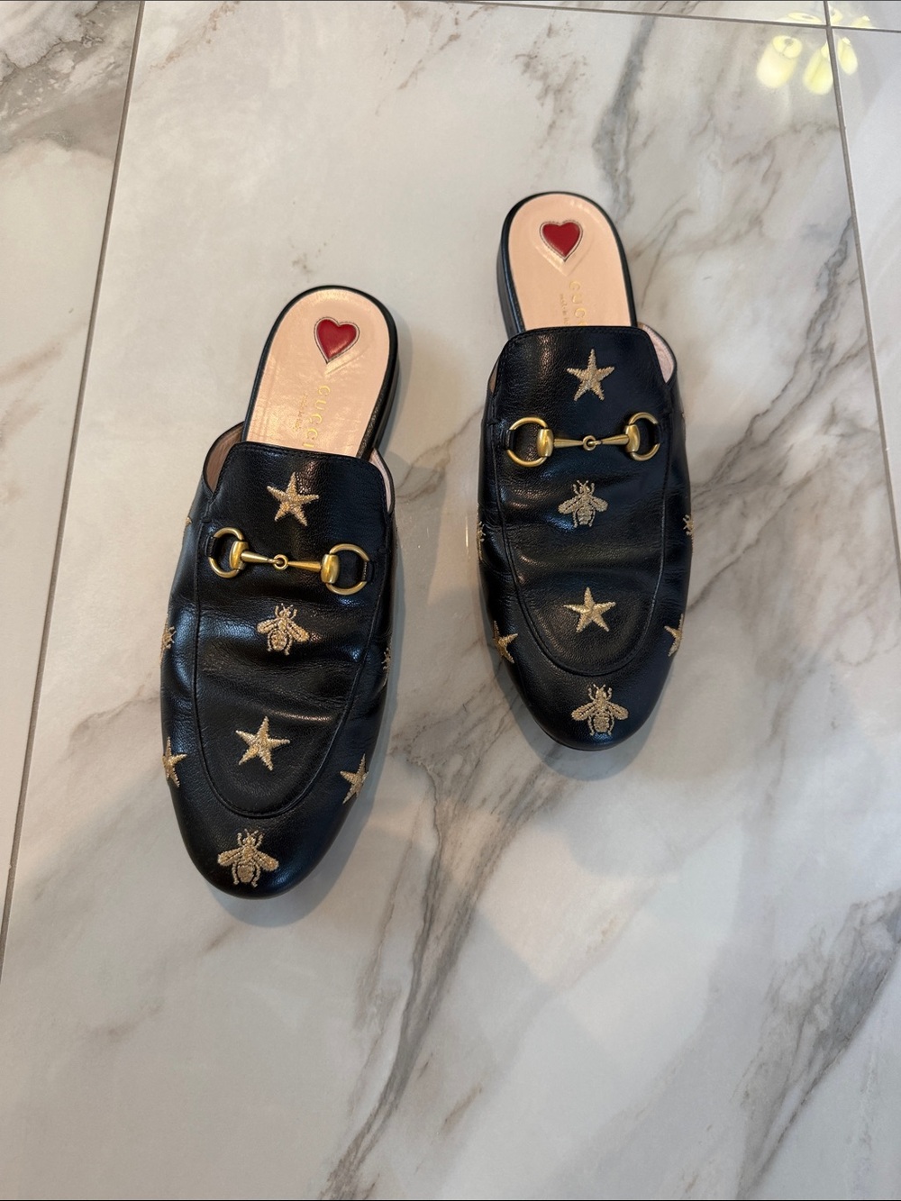 Gucci Black Leather Horsebit Mules with Gold Bee & Star Embroidery